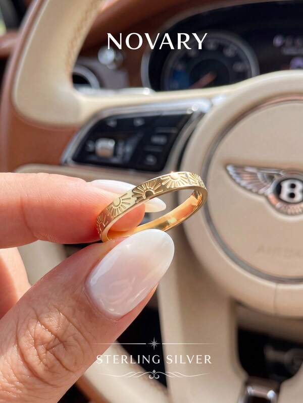 1 pieza Anillo de diseño de estallido de sol de plata de ley 925, artesanía con relieve de sol brillante, accesorio llamativo para el verano o las vacaciones