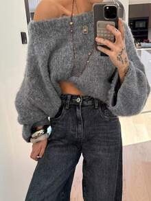 Women's Casual Grey Solid Color Long Sleeve Pullover Sweater, Rib-Knit Round Neck Drop Shoulder Sweater - Grey - View 8