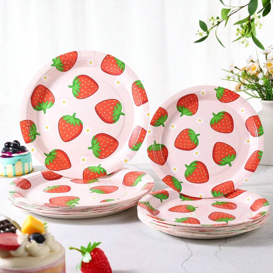 7/9 Inch Strawberry Series Printed Disposable Paper Plates, Floral Strawberry Disposable Party Plates, Party Decorations, Disposable Party Supplies, Birthday Party, Gift Party, Celebration Disposable Tableware - Flower Strawberry - View 1