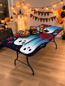 1pc Wrinkle-Resistant Rectangular Halloween Theme Elastic Tablecloth, Pumpkin Bat Ghost Halloween Print Tablecloth, Reusable Party Tablecloth, Suitable For Outdoor Patio Dinner, Halloween Garden Party, Outdoor Autumn Holiday Decor - A - View 6