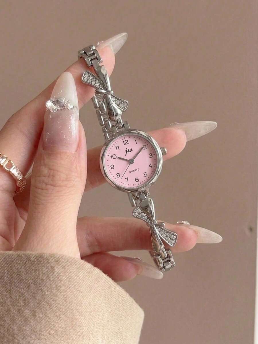 1pc Fashion Women's Alloy Bracelet Watch, Elegant Vintage Round Dial, With Bowknot Rhinestone Chain, Suitable For Multiple Occasions, Ideal Holiday Gift