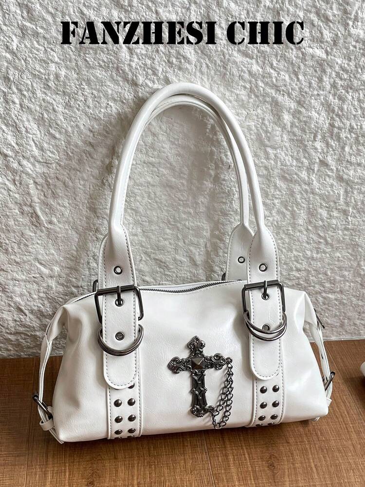 Shoulder Bag With Rivet Decoration, Detachable Strap And Zipper Closure, Cool Style Underarm Bag, Women's Bag, Unique Niche Design For Daily Outings, Dates, Commuting And Casual Crossbody Wear - White - View 8
