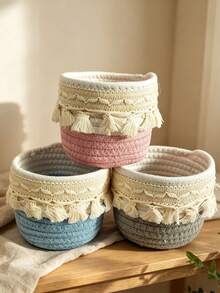 Bohemian Style Woven Tassel Cotton Rope Storage Basket, Handmade Small Desktop Organizer, Decorative Countertop Basket For Cosmetics, Pens, Small Items, Home Vanity Decor - Multicolor - View 4