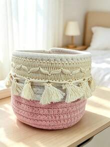 Bohemian Style Woven Tassel Cotton Rope Storage Basket, Handmade Small Desktop Organizer, Decorative Countertop Basket For Cosmetics, Pens, Small Items, Home Vanity Decor - Multicolor - View 13