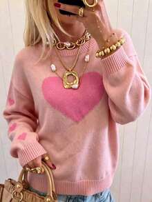 Elegant Cute Heart Pattern Design Long Sleeve Pullover Sweater, Autumn/Winter Minimalist Sweet Style Loose Versatile Knit Top For Women, Valentine's Day - Pink - View 2