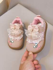 Girls Style First Walker Shoes, Lace Mesh Large Bow Soft Sole Hook And Loop Baby Shoes - Pink - View 10