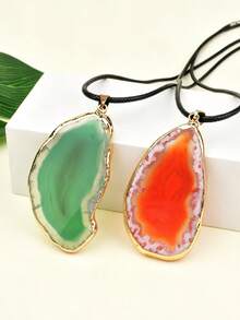 Bohemian Style Natural Agate Slice Pendant Necklace, Asymmetrical Raw Stone Slice Necklace, Vintage Stone Accessory - Agate Slice Pendant - View 2