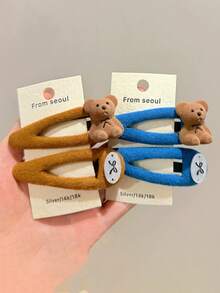 2PCS Korean Style Flocked Bear Hair Clips, Soft Flocked Fabric Hollow BB Clips, Sweet Preppy Style Women's Daily Side Hair Accessories, Autumn/Winter Styling Essential - Multicolor - View 4