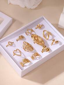 12PCS Exaggerated Elegant 18K Gold Plated Stainless Steel Heart Flower Geometric Crown Bow Rings Jewelry Box Set Gift Box Packaging Suitable For Women Daily Wear And Gifting - Gold - View 3