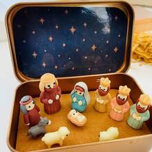 Handmade Mini Christmas Nativity Set (Tin Box) - Portable Pocket-Sized Manger Scene, Includes Mary, Jesus, Shepherd, And Animal Figurines, Hand-Painted, Suitable For Easter, Christmas Gift, Christmas - 1 Set - View 10
