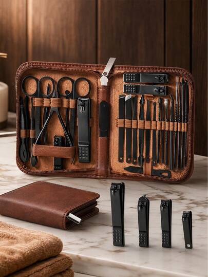 VCHOSE 26 In1Manicure Set Professional Nail Clipper Kit-26 Pieces For Men, Stainless Steel Manicure Kit,Nail Care Tools With Luxurious Travel Case Nail Grooming Kit Gift For Husband Boyfriend Parent Black/Brown