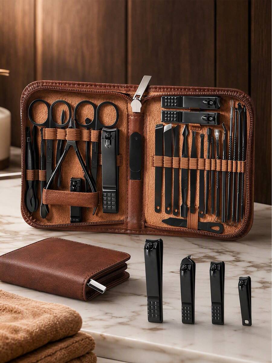 VCHOSE 26-In-1 Professional Men's Manicure Set - 26 Pieces, Stainless Steel Nail Care Tools With Luxury Travel Storage Box, Gift For Husband, Boyfriend, Parents, Black/Brown