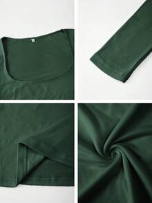 GLAMSKIN 女款條紋性感修身長袖針織上衣，純色方領基礎 T-shirt，適合秋季出遊、日常休閒街頭穿搭、返校季 - 墨綠色 - 查看 10