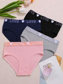 6pcs Women's Panties Triangle Briefs Solid Color Basic Style Love Letter Print Waistband Multicolor - Multicolor - View 3