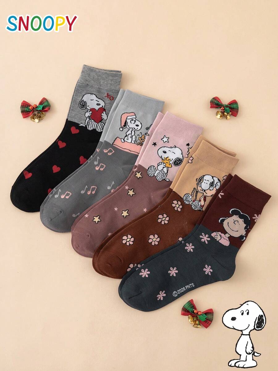 5 Pairs SNOOPY Series Authentic Puppy Contrast Color Pattern Fun Personalized Cartoon Women's Mid-Calf Socks, Unisex, Christmas Style - Multicolor - View 1
