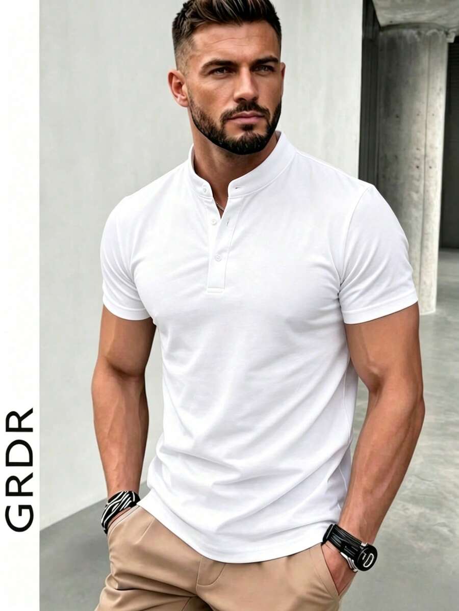 GRDR Men's Summer Fashion Classic Solid Color Thin Henley Collar Short Sleeve T-Shirt - White - View 1