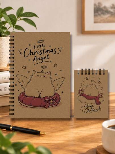 2 pièces Cahiers en papier kraft vintage, illustration de chat de style Noël, reliure à double spirale, convient pour l'écriture quotidienne au bureau et en voyage, fournitures d'apprentissage, papeterie de rentrée scolaire, journal