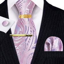 5Pcs Men Pink Paisley Jacquard Tie Pocket Square Cufflinks Ring Tie Clip Set, Random Cufflink Pattern, Suit Accessories For Wedding - Pink - View 2