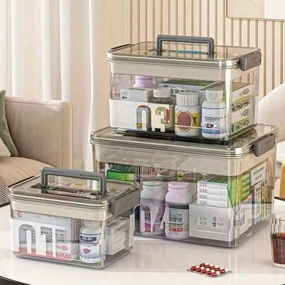 1-Piece Medicine Storage Box With Handle, Multi-Layer, Large Capacity Plastic Medicine Box, Portable Medical Storage Box, Suitable For Bedroom, Bathroom, Office, Desk Storage