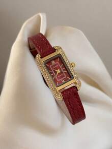 1pc Classic Rectangular Red Dial Watch With Rhinestone Bezel And Red PU Strap, Suitable For Daily Wear - Red - View 3