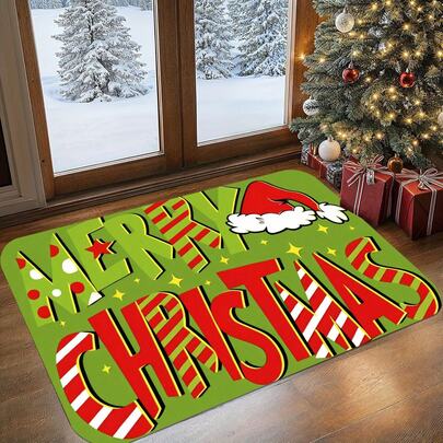 1pc Christmas New Best-Seller - Daily Decoration - Holiday Decoration - Christmas - Merry Christmas Letter Print Doormat - Cartoon Christmas Hat Element, Room Decor, Home Decor, Christmas Home Decor, Soft Flannel Square Weight 900, Machine Washable Durable, Stain-Resistant, Quick-Drying, Very Suitable For Indoor Doormat, Outdoor Doormat, Home Decor, Room Decor, Bedroom Carpet, Kitchen Carpet, Photo Prop, Outdoor Decoration Gift, Holiday Gift, Area Rug, All Season Use.