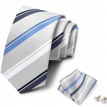 AlanKing Men's Striped Tie, Pocket Square And Cufflinks 3-Piece Set, Versatile Fashion Accessory For Business, Party, Banquet And Casual Outings - Multicolor - View 16