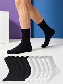 1/5/10/20 Pairs Men's Simple Mid-Calf Socks, Black & White Versatile Sports Casual Socks, Comfortable Soft Everyday Socks - Multicolor - View 2