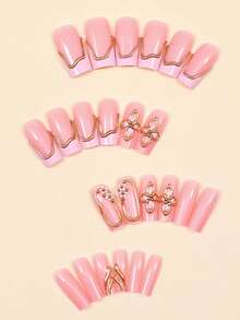 24pcs Long Square Press-On Nails, Nude Pink Base With Gold Metallic Line Border, Transparent 3D Flower And Tiny Pearl Decor, Reusable Fake Nails, Suitable For Wedding And Party Wear - Multicolor - View 3