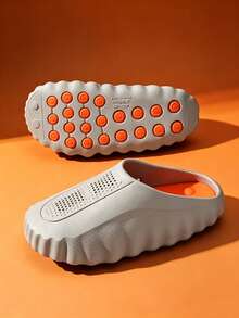 Men's Perforated Serrated Thick Sole Slip-On Sandals, Functional Style Hollow Shoes, Summer Outdoor Casual Slippers, Bathroom Anti-Slip Slides - Grey Orange - View 2