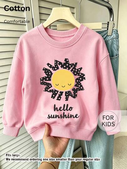 Tween Girl Crew Neck Sweatshirt, Hello Sunshine Sun Graphic Printed Cotton Pullover, Soft Casual Long Sleeve Top