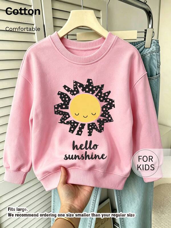 Tween Girl Crew Neck Sweatshirt, Hello Sunshine Sun Graphic Printed Cotton Pullover, Soft Casual Long Sleeve Top