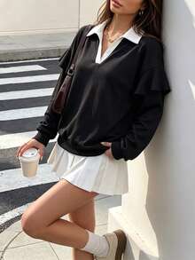 Women Fall Elegant Collared V Neck Long Sleeve Sweatshirt, Ruffle Detail, Loose Pullover Top For Holiday Festival Daily Outfit - Black and White - View 3