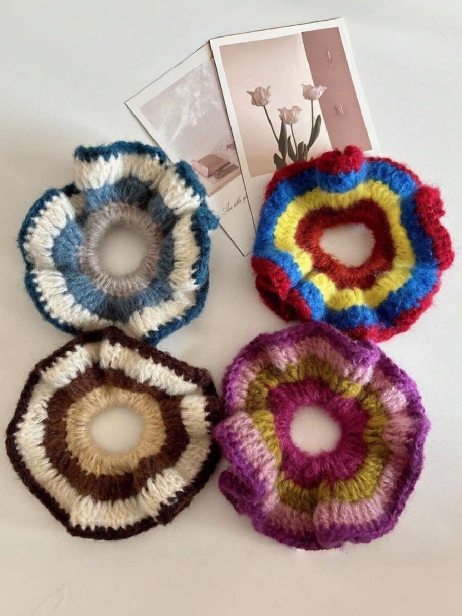 1pc Solid Color Casual Polyester (Polyester) Autumn/Winter New Knit Hair Tie, Mixed Yarn Scrunchie, Color Block Durable Fashionable Ponytail Bun Hair Accessory - Multicolor - View 1