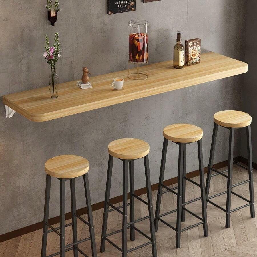 Mesa plegable con hojas de pared – Banco de trabajo de cocina que ahorra espacio con soporte de hierro, versátil encimera de espacio pequeño, diseño de madera elegante para un uso eficiente en el - Beis - Ver 1