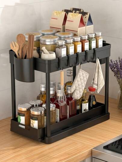 1pc Double Layer Kitchen Drawer Storage Rack, Sink Under Storage Shelf With Hooks And Hanging Cups, Suitable For Sink Under, Kitchen, Bathroom And Multiple Scenarios