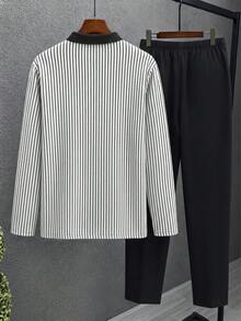 Men's Plus Size Set, Autumn Long Sleeve Casual Plus Size Polo Set For Men, Textured Plus Size Men's Clothing Suitable For Daily Wear - Black and White - View 3