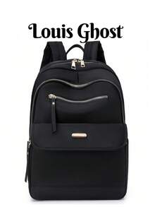Mochila grande de nailon de unicolor acolchada y versátil para mujeres, mochila casual minimalista para estudiantes, bolso para ir al trabajo - Negro - Ver 2