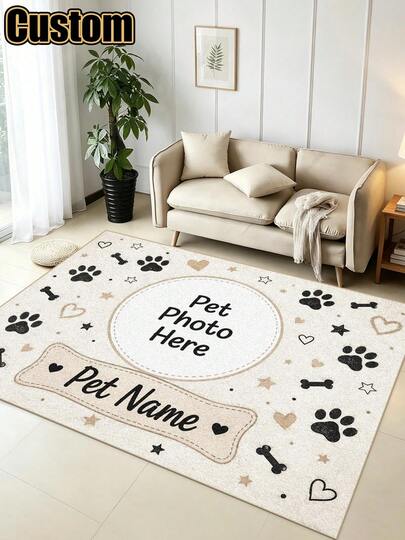 Pet Photo Name Rug Personalized Pet Picture And Name Floor Carpet With Paw Print Bone Heart Star Pattern For Living Room Bedroom Entryway Pet Corner Christmas Birthday Housewarming Memorial Gift Home Photo Display Indoor Floor Decor