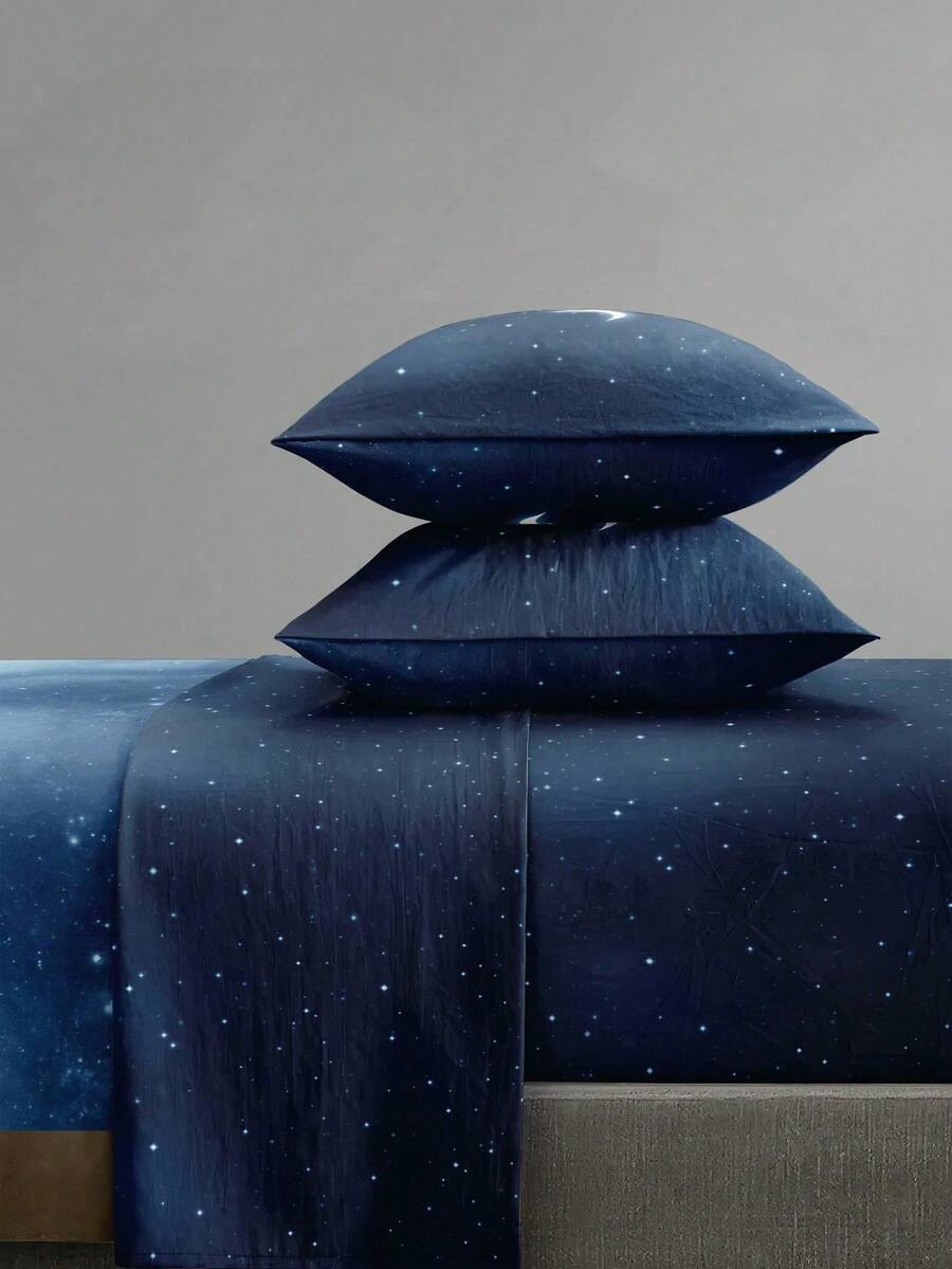 4-Piece Black Marble Pattern Bed Sheet Set, Includes 1 Fitted Sheet, 1 Flat Sheet And 2 Pillowcases, Mattress Protector Set (Pillow Inserts Not Included), Suitable For King/Queen/Full/Twin Sizes, Deep Pocket Fitted Sheet Up To 11.8 Inches - Navy Blue - View 1