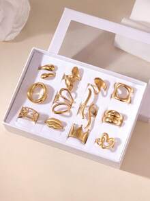 12PCS Exaggerated Elegant 18K Gold Plated Stainless Steel Heart Flower Geometric Crown Bow Rings Jewelry Box Set Gift Box Packaging Suitable For Women Daily Wear And Gifting - Gold - View 1