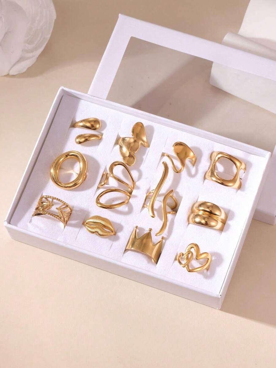 12PCS Exaggerated Elegant 18K Gold Plated Stainless Steel Heart Flower Geometric Crown Bow Rings Jewelry Box Set Gift Box Packaging Suitable For Women Daily Wear And Gifting - Gold - View 1