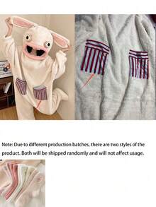 1pc Cute & Quirky Cartoon Rabbit Coral Fleece Hooded Bathrobe, Made Of Coral Fleece Material, Featuring 3D Plush Rabbit Ears And Striped Applique Pocket, Perfect For Daily Casual Wear, Halloween Party, Or As A Unique Gift For Girls - Multicolor - View 8