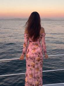 優雅粉色露肩花卉印花薄紗長洋裝，適合婚禮賓客、海灘度假、派對、秋季出遊 - 粉色 - 查看 5