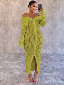 Vestido diario ajustado de punto jacquard distintivo - Verde - Ver 1