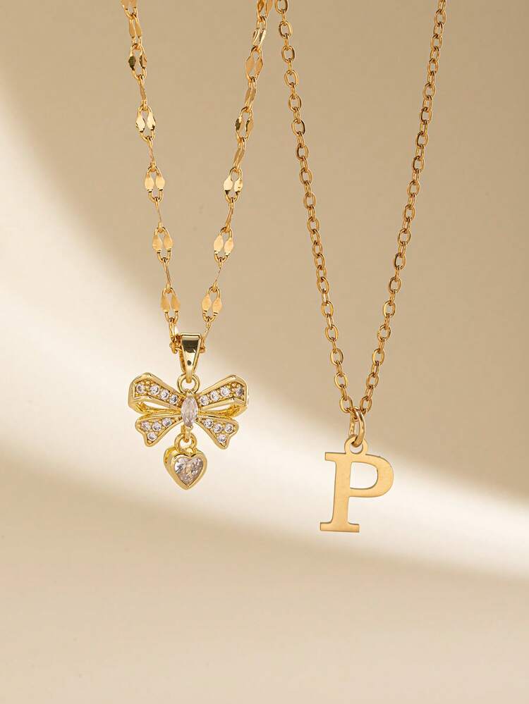 This Elegant 2 Pieces Necklace Set Includes A Bow And 26 Letter Pendants, Perfect For Daily Wear And Also Makes A Wonderful Gift. - Yellow Gold - View 14