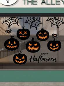 1pc Halloween Pumpkin Window Sticker, Pumpkin Silhouette And Spider Web Glass Decal, Halloween Holiday Decoration Window Sticker, PVC Non-Adhesive Static Cling Sticker, Home Decor Holiday Party Setup Window Sticker - Black - View 7