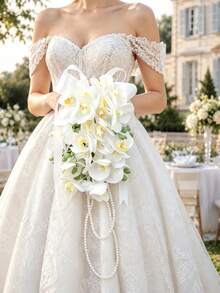 1pc Bohemian Style White Lily Water Drop Cascade Bridal Bouquet, Satin Ribbon Pearl Tassel, Wedding Photography Prop - White - View 1
