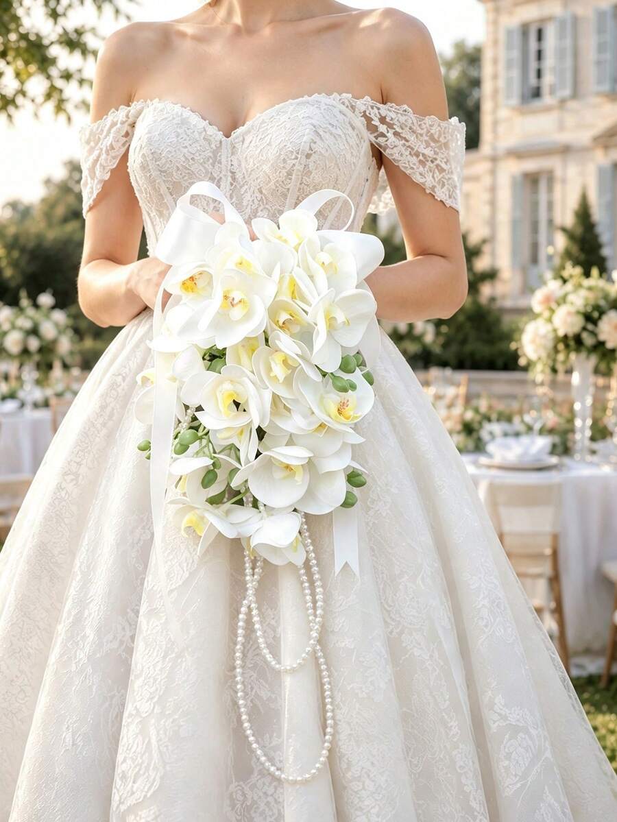 1pc Bohemian Style White Lily Water Drop Cascade Bridal Bouquet, Satin Ribbon Pearl Tassel, Wedding Photography Prop - White - View 1
