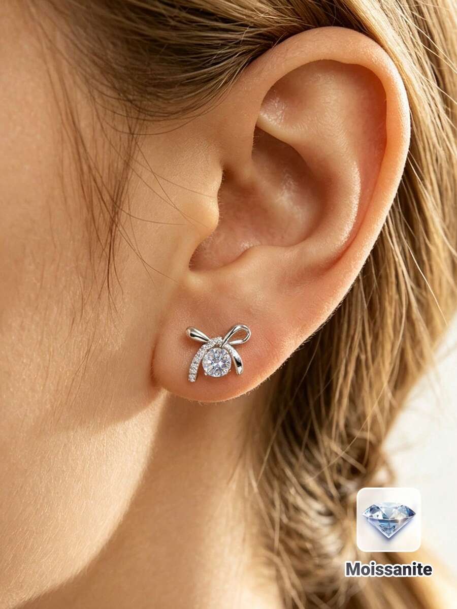 2pcs Minimalist Fashion 925 Silver 0.3Carat X 2 Moissanite Bow Stud Earrings, Suitable For Women's Daily Wear, Party, Vacation, Valentine's Day, Mother's Day, Birthday Jewelry Gift - Silver - View 1