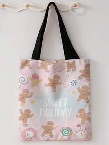 1pc Random Christmas Print Canvas Tote Bag, Large Capacity Hand‑Held Shoulder Bag,Reusable Shopping Bag For Music Festival Party Daily Packing Books - Pink - View 14